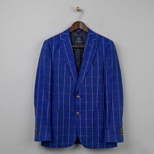 Peter Jackson Linen Blue Plaid Blazer Sport Coat Size 44